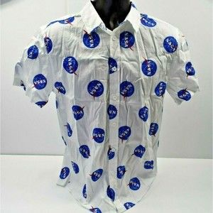 NASA Logo Men's White Button Up Shirt Short Sleeve Space Galaxy Size XL - NWOT